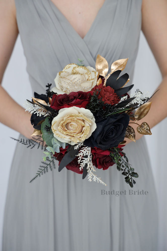 Gold, Black and Burgundy Silk Wedding Bouquet   - $58.50 | Jude