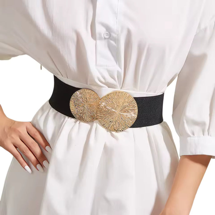Gold Tone Double Disc Textured Wide Stretch Waist Fashion Belt Women Dress Accessory
