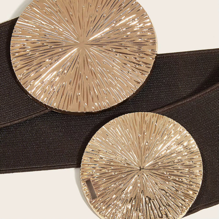 Gold Tone Double Disc Textured Wide Stretch Waist Fashion Belt Women Dress Accessory