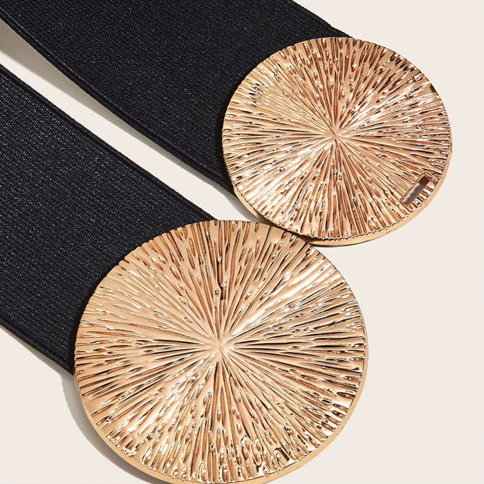 Gold Tone Double Disc Textured Wide Stretch Waist Fashion Belt Women Dress Accessory