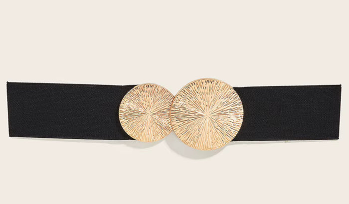 Gold Tone Double Disc Textured Wide Stretch Waist Fashion Belt Women Dress Accessory