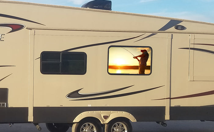 Gone Fishing Universal RV Camper or 5th Wheel Window 50/50 Perforated Vinyl Decal