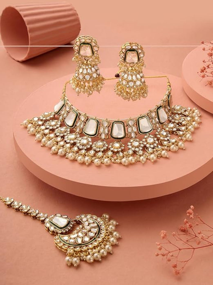 Green Color Kundan & Pearl Choker Necklace Jhumka Earrings Maangtikka Bridal Wedding Jewelry Set