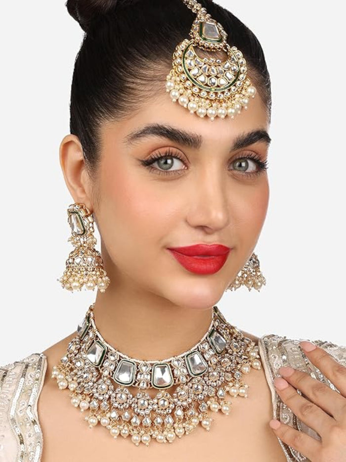 Green Color Kundan & Pearl Choker Necklace Jhumka Earrings Maangtikka Bridal Wedding Jewelry Set
