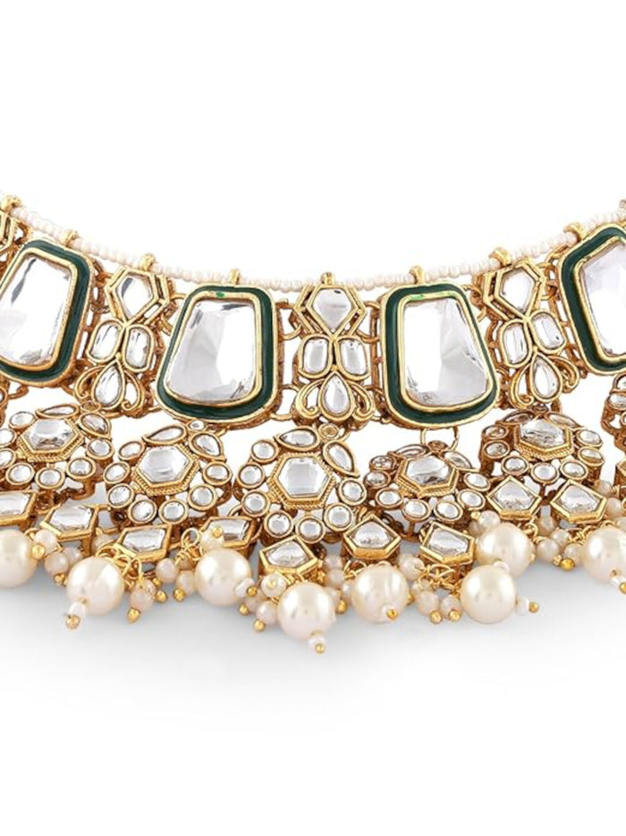 Green Color Kundan & Pearl Choker Necklace Jhumka Earrings Maangtikka Bridal Wedding Jewelry Set