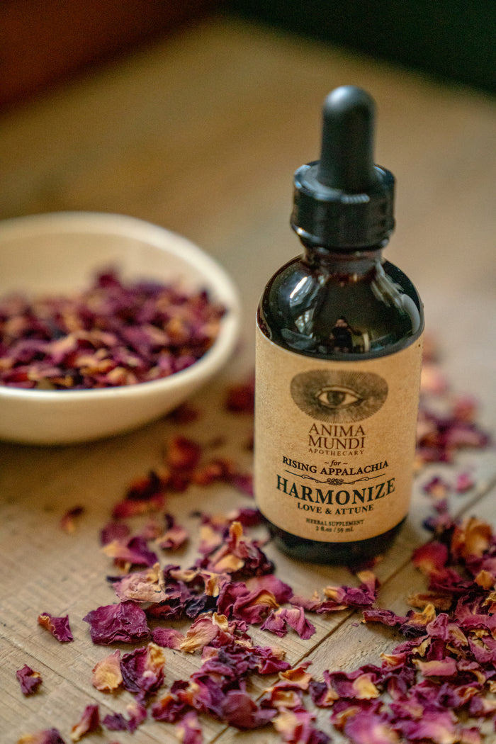 Bottle of 'Anima Mundi' tincture with dried flowers on a wooden surface