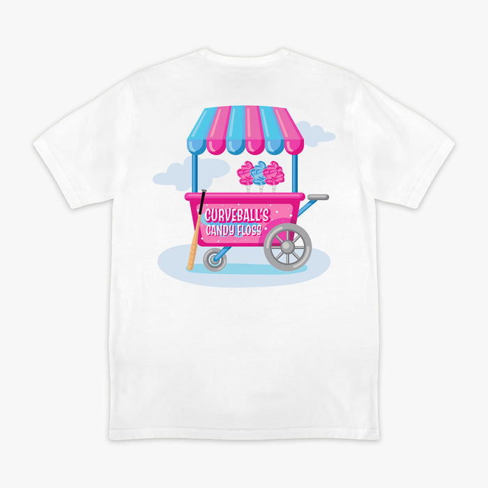 White graphic tee with “Home Run Sugar” design — back view