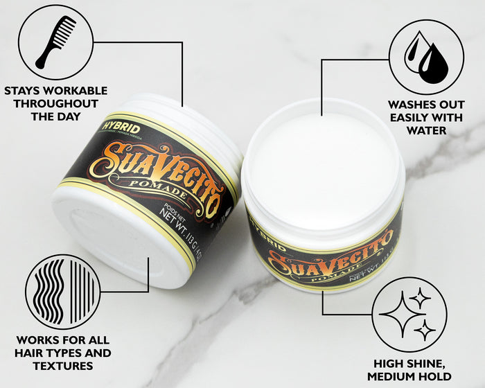 Two jars of Suavecito pomade on a marble surface with product features highlighted.