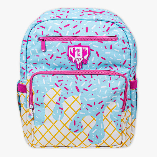 Adult model wearing blue backpack with "Ice Cream Rotation" design