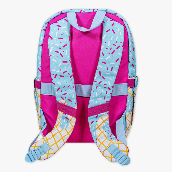 Adult model wearing blue backpack with "Ice Cream Rotation" design