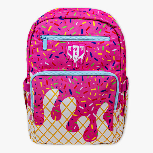 Adult model wearing pink backpack with "Ice Cream Rotation" design