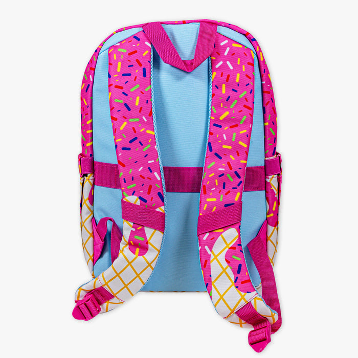 Adult model wearing pink backpack with "Ice Cream Rotation" design