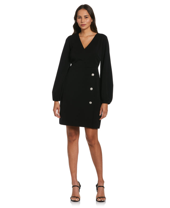 Jewel Button Surplice Dress (Black)