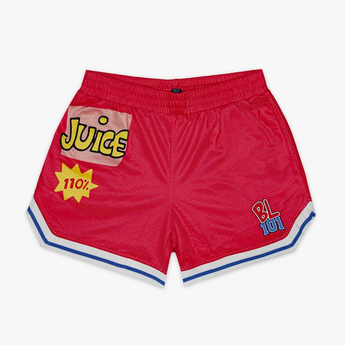 Red shorts with yellow 'Juice 110%' text and BL101 logo on a white background