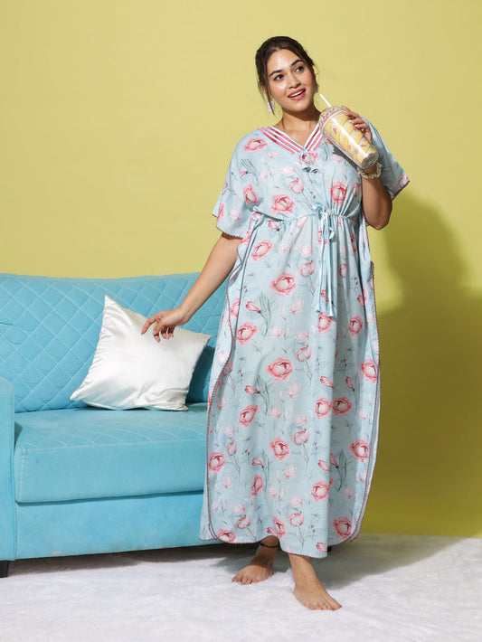 Trendy Blue Red Hues  Poly Viscose Kaftan Nighty for Women