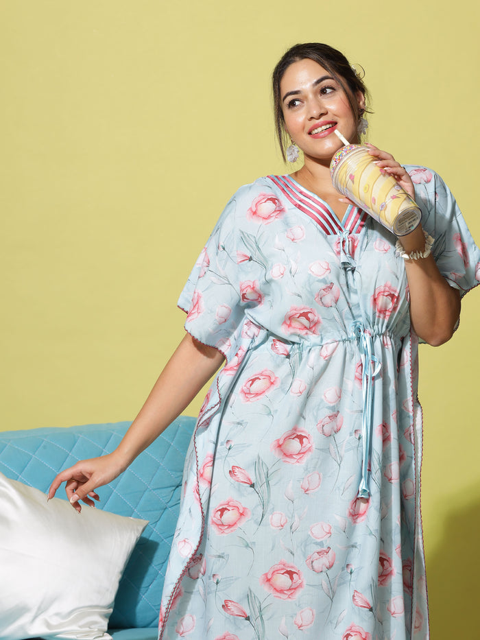 Trendy Blue Red Hues  Poly Viscose Kaftan Nighty for Women