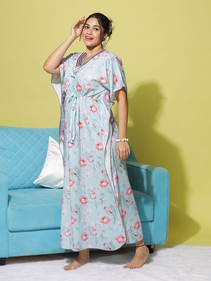 Trendy Blue Red Hues  Poly Viscose Kaftan Nighty for Women