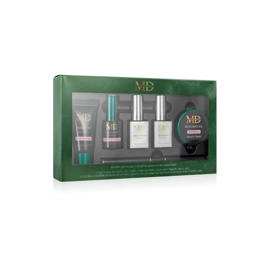Gel product set with bottles and a tube in a green box on a white background