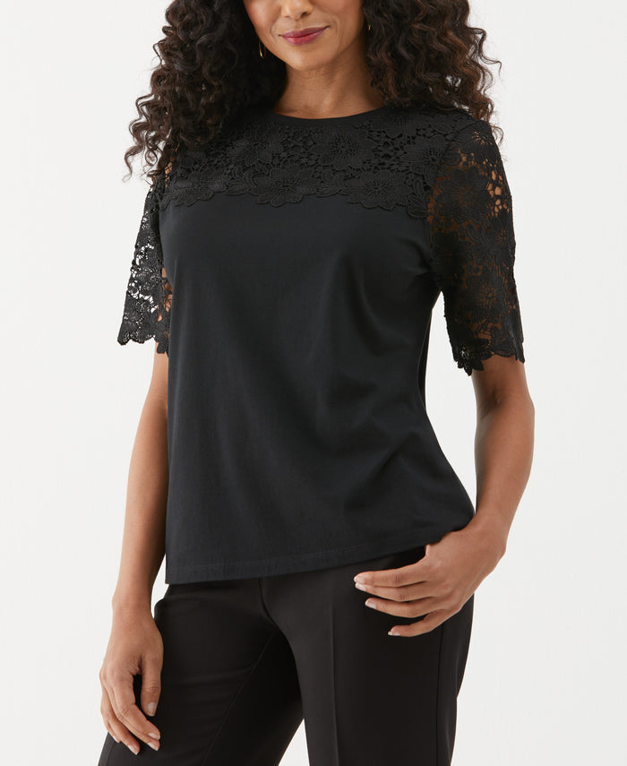 Lace Yoke Knit Top (Black)