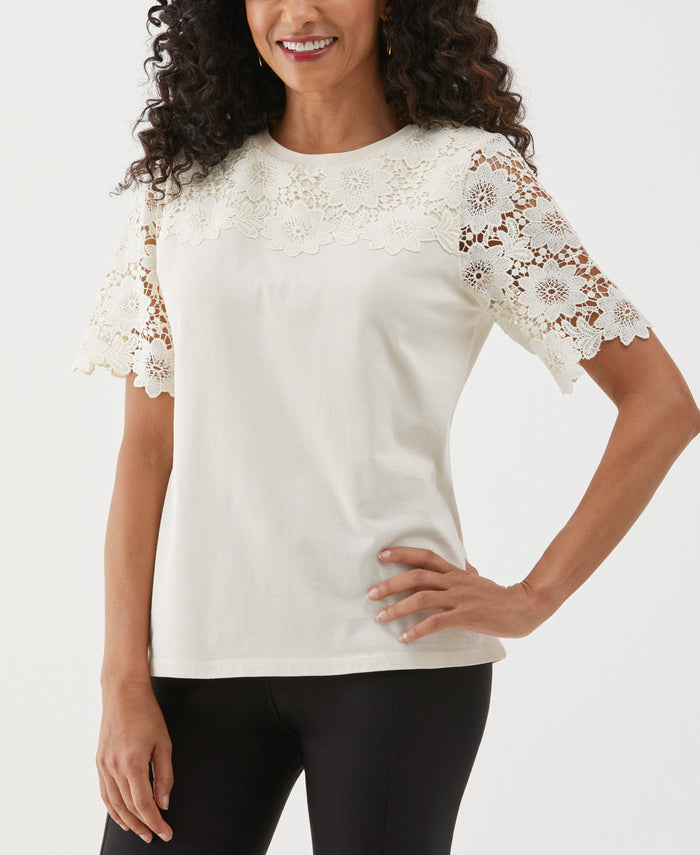 Lace Yoke Knit Top (White Swan)