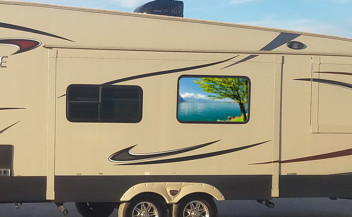 Lake View Universal RV Camper or 5th Wheel Window 50/50 Perforated Vinyl Decal