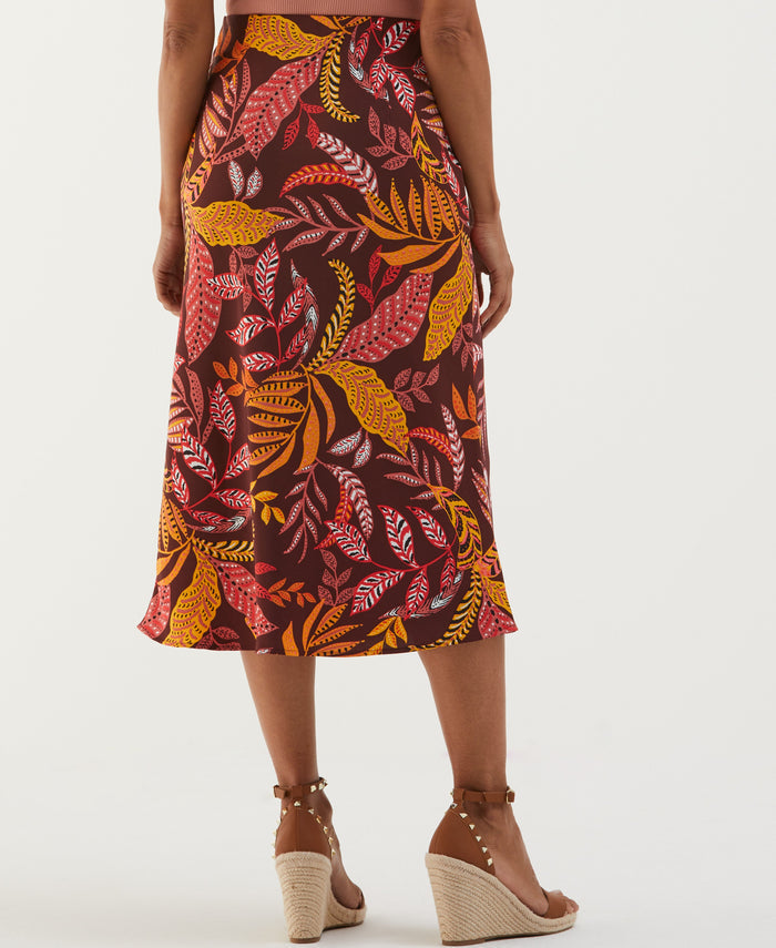 Leaf Print Shine Midi Bias Skirt (Decadent Chocolate)