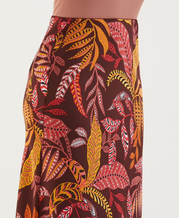 Leaf Print Shine Midi Bias Skirt (Decadent Chocolate)