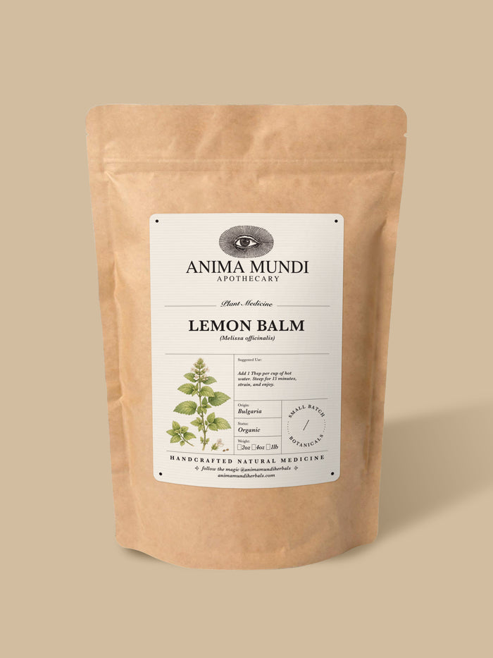 A stand-up kraft paper pouch of Anima Mundi Apothecary Cinnamon, featuring a white label with botanical illustrations, set against a solid beige background.