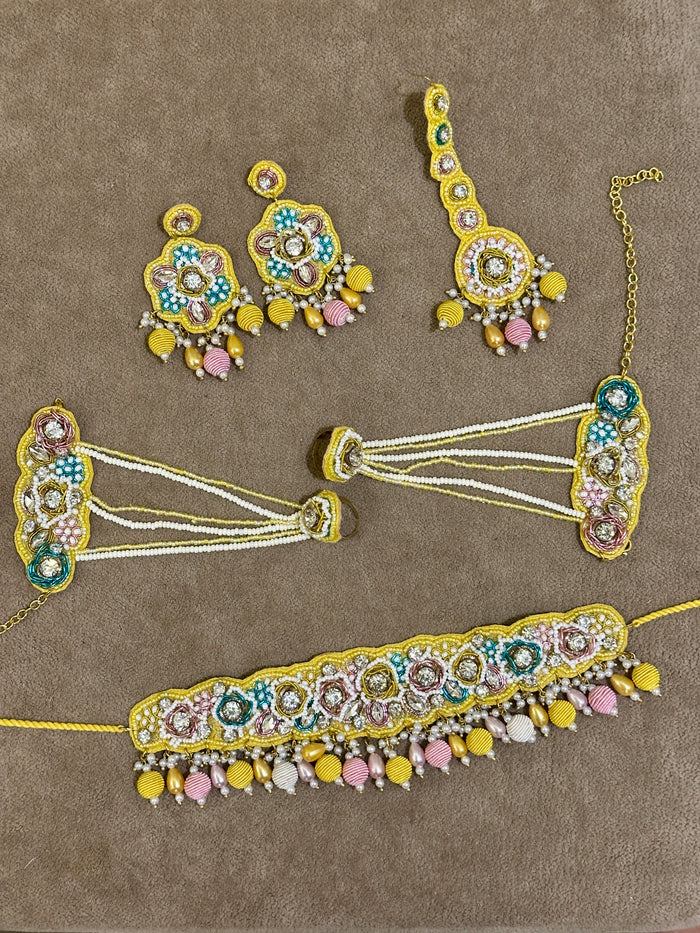Lemon Yellow Soutache Bridal Jewellery Set – Necklace, Earrings, Tikka & Hathphool