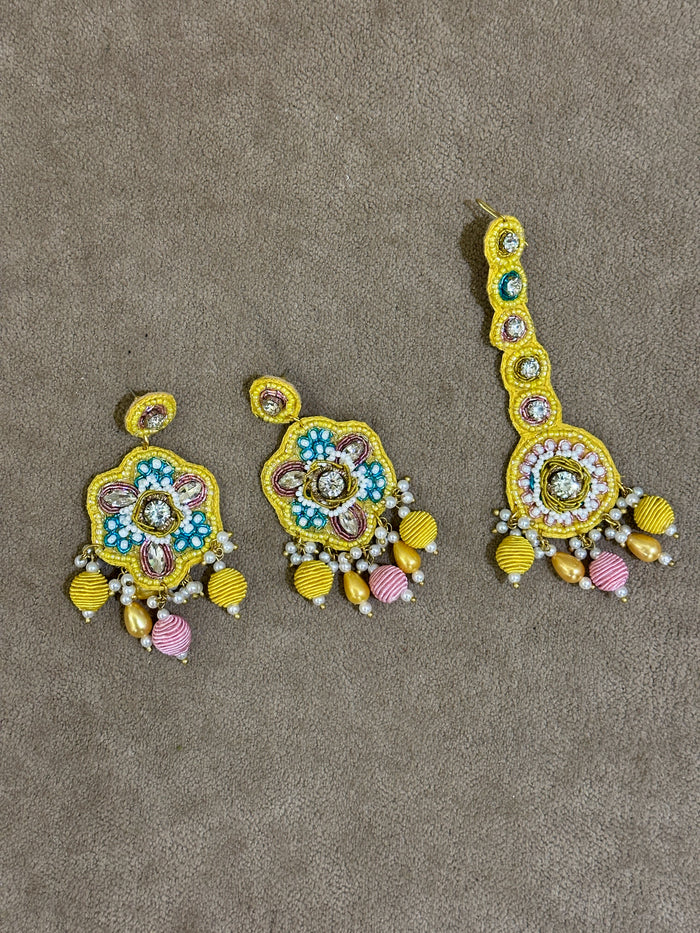 Lemon Yellow Soutache Bridal Jewellery Set – Necklace, Earrings, Tikka & Hathphool
