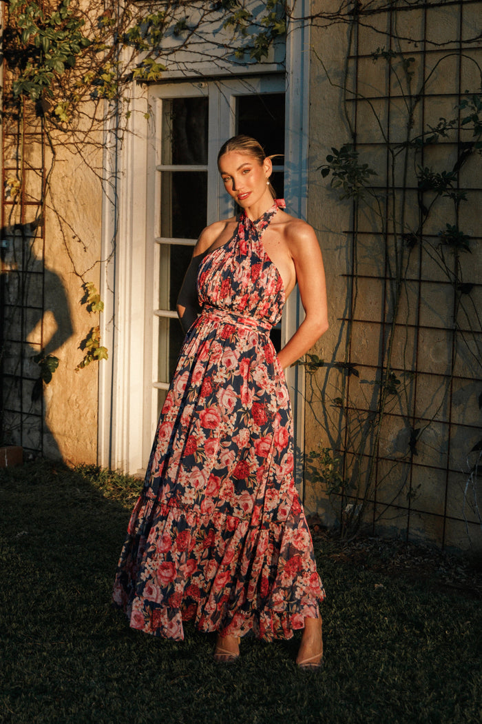 Petal and Pup USA DRESSES Lennon Halterneck Maxi Dress - Navy Floral (Hold for Rack)