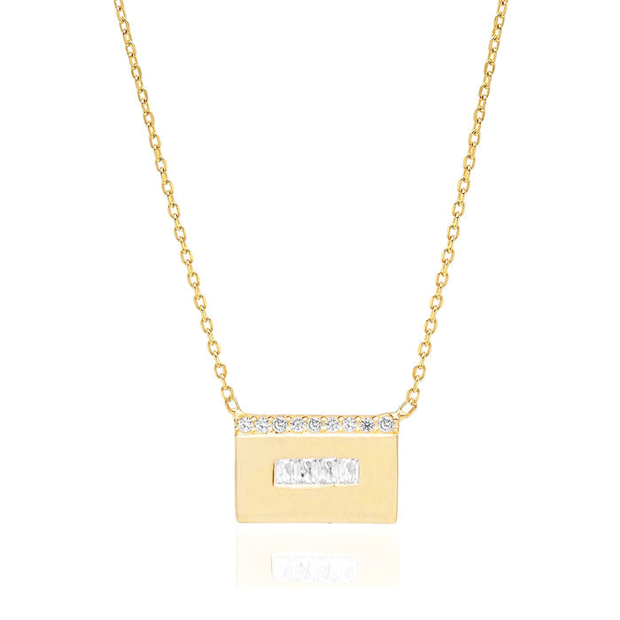 Gold-tone square letter pendant necklace with baguette CZ accents, fine chain
