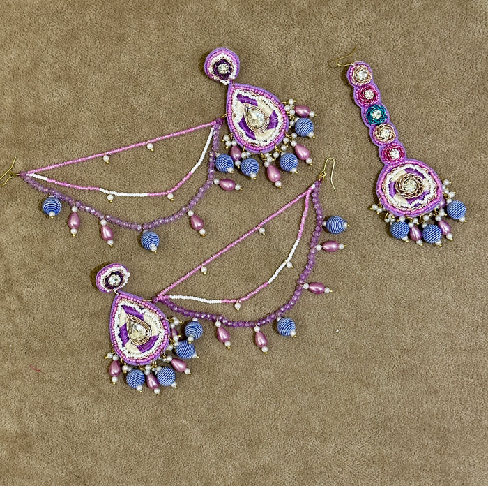 Lilac Beaded Haldi Jewellery Set – Necklace, Earrings, Tikka & Hathphool