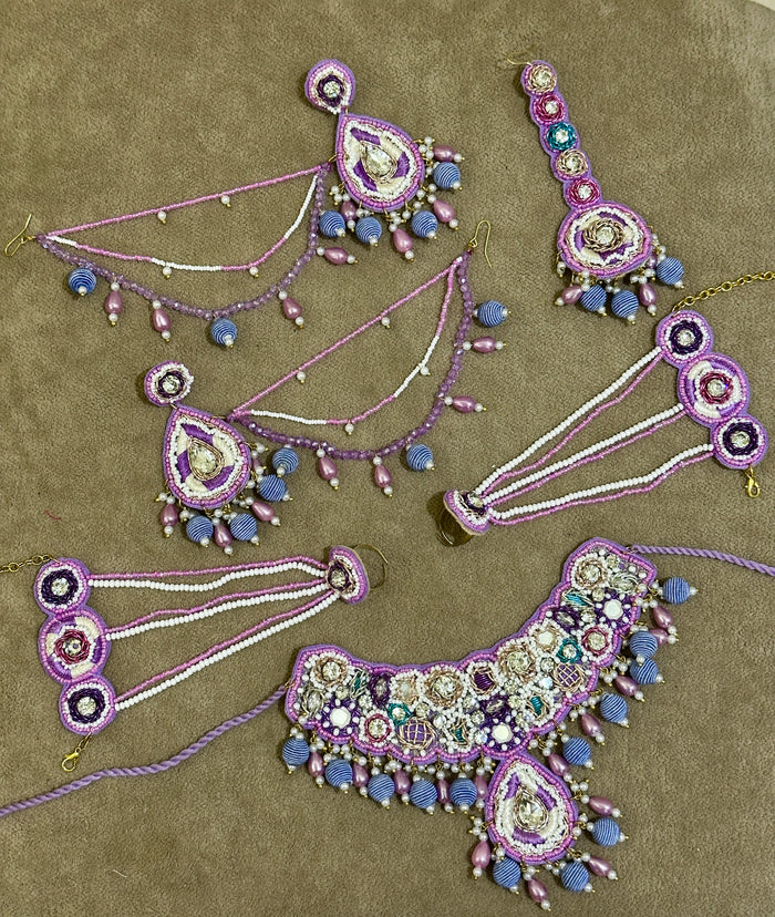 Lilac Beaded Haldi Jewellery Set – Necklace, Earrings, Tikka & Hathphool