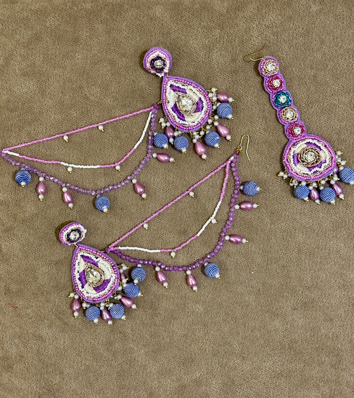 Lilac Beaded Haldi Jewellery Set – Necklace, Earrings, Tikka & Hathphool