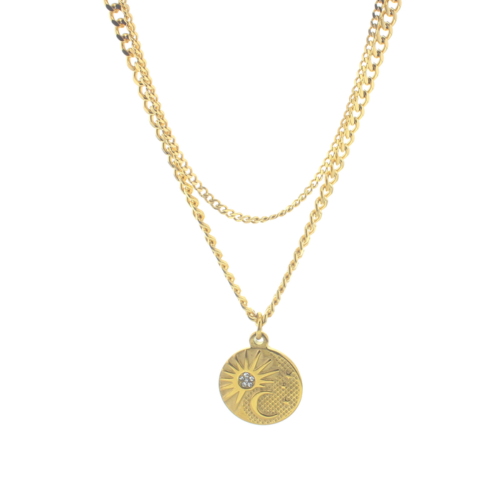Gold-tone layered chain necklace featuring a circular coin pendant with blue center.