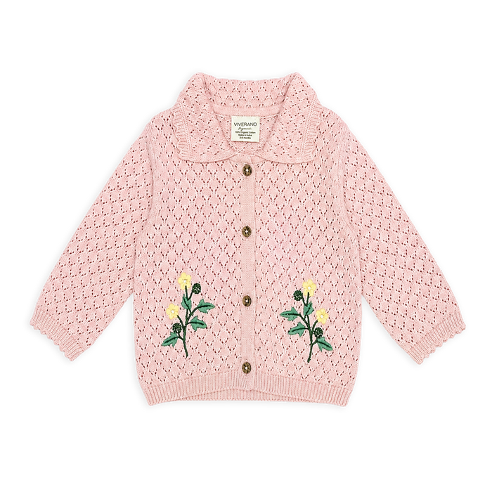 front of lily floral baby sweater knit cardigan made of organic cotton