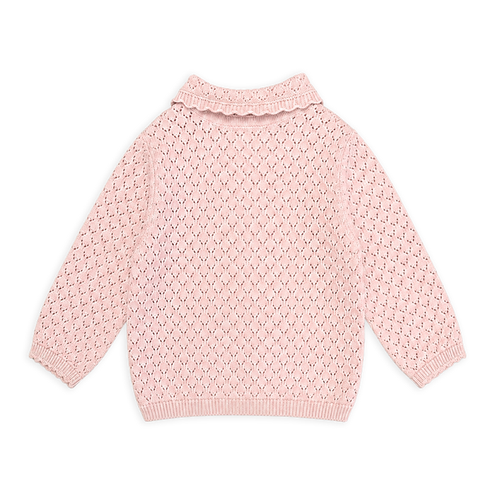 back of lily floral baby sweater knit cardigan made of organic cotton