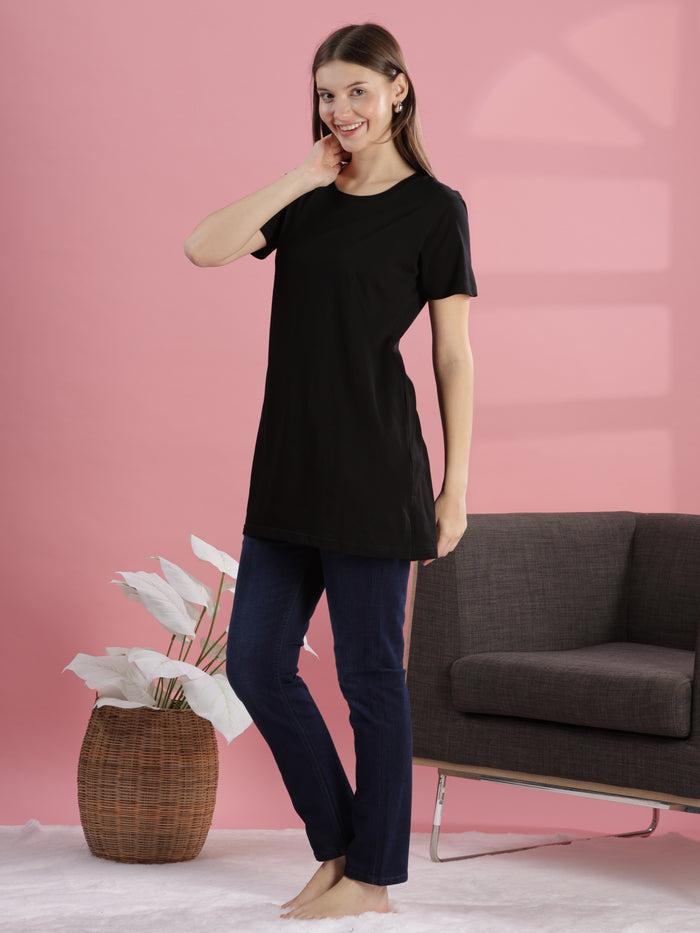 Plain Long T-shirt  Buy Versatile Black Long Cotton T-Shirt for Women Online- 9shines label