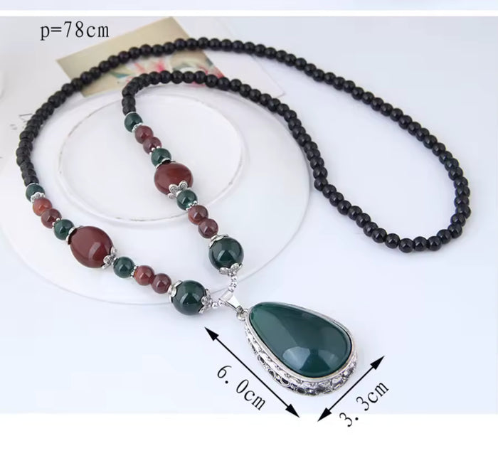 Long Green Teardrop Pendant Ethnic Bead Chain Boho Statement Sweater Necklace