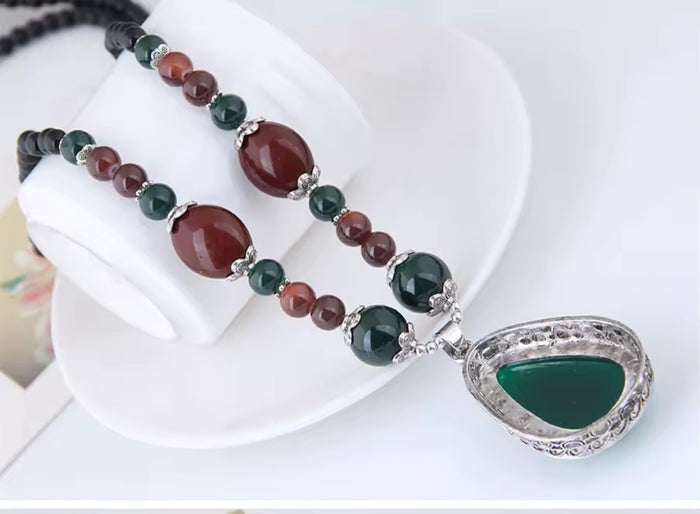 Long Green Teardrop Pendant Ethnic Bead Chain Boho Statement Sweater Necklace