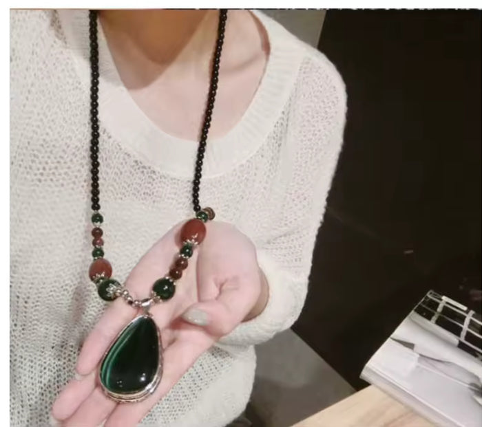 Long Green Teardrop Pendant Ethnic Bead Chain Boho Statement Sweater Necklace