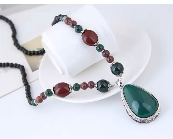 Long Green Teardrop Pendant Ethnic Bead Chain Boho Statement Sweater Necklace