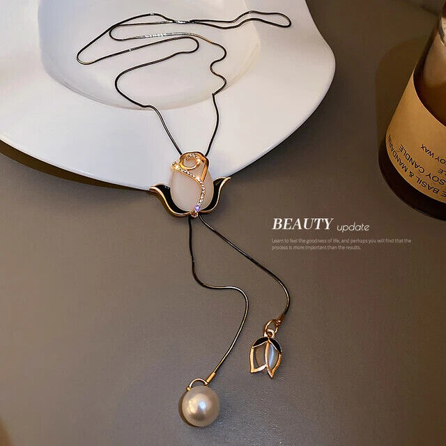 Long Sweater Chain Tulip Necklace Opal Flower Pendant Women Fashion Accessory