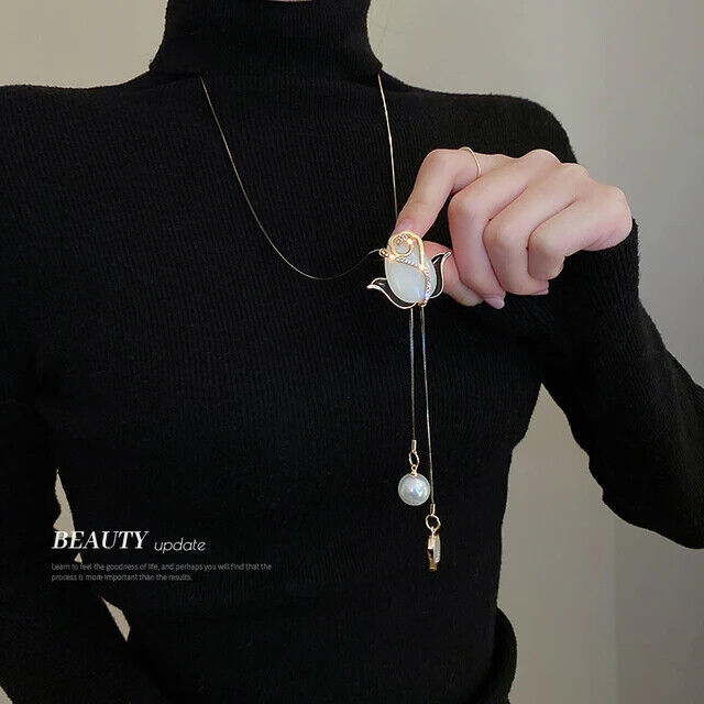 Long Sweater Chain Tulip Necklace Opal Flower Pendant Women Fashion Accessory
