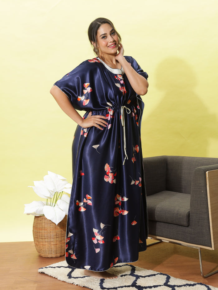Chic Floral Print Navy Blue Satin Kaftan Nighty