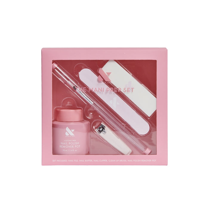 Mani Prep Set with nail files, buffer, cuticle pusher, brush, and nail polish remover for at-home manicure prep