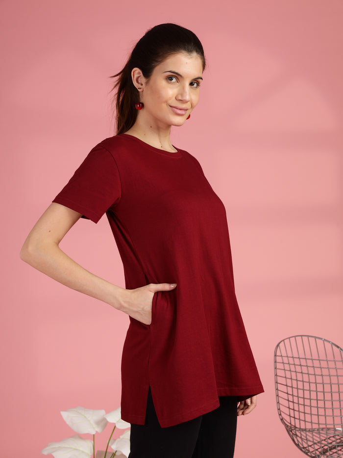 Maroon Long Cotton T-Shirt for Women