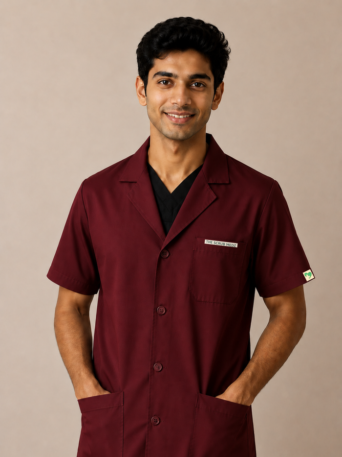 MAROON HALF SLEEVE LAB COAT FOR MEN