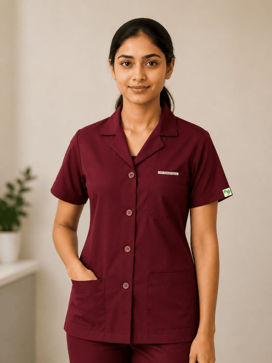 MAROON HALF SLEEVE LAB COAT FOR WOMEN